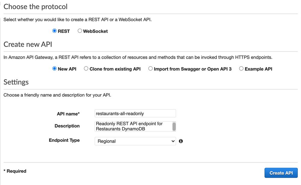 API Gateway - Create a REST API screen
