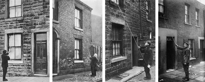 Old photographs of knocker-uppers in front of buildings, using a long stick to knock on the windows Old photographs of knocker-uppers in front of buildings, using a long stick to knock on the windows