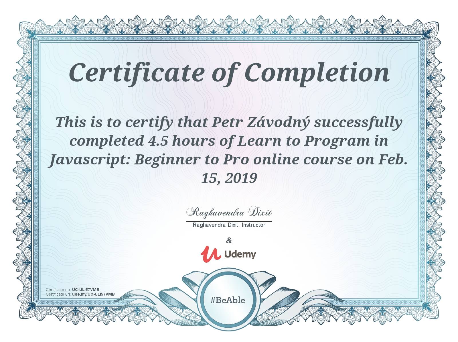 certificate Learn to program in JS: Begginer to Pro