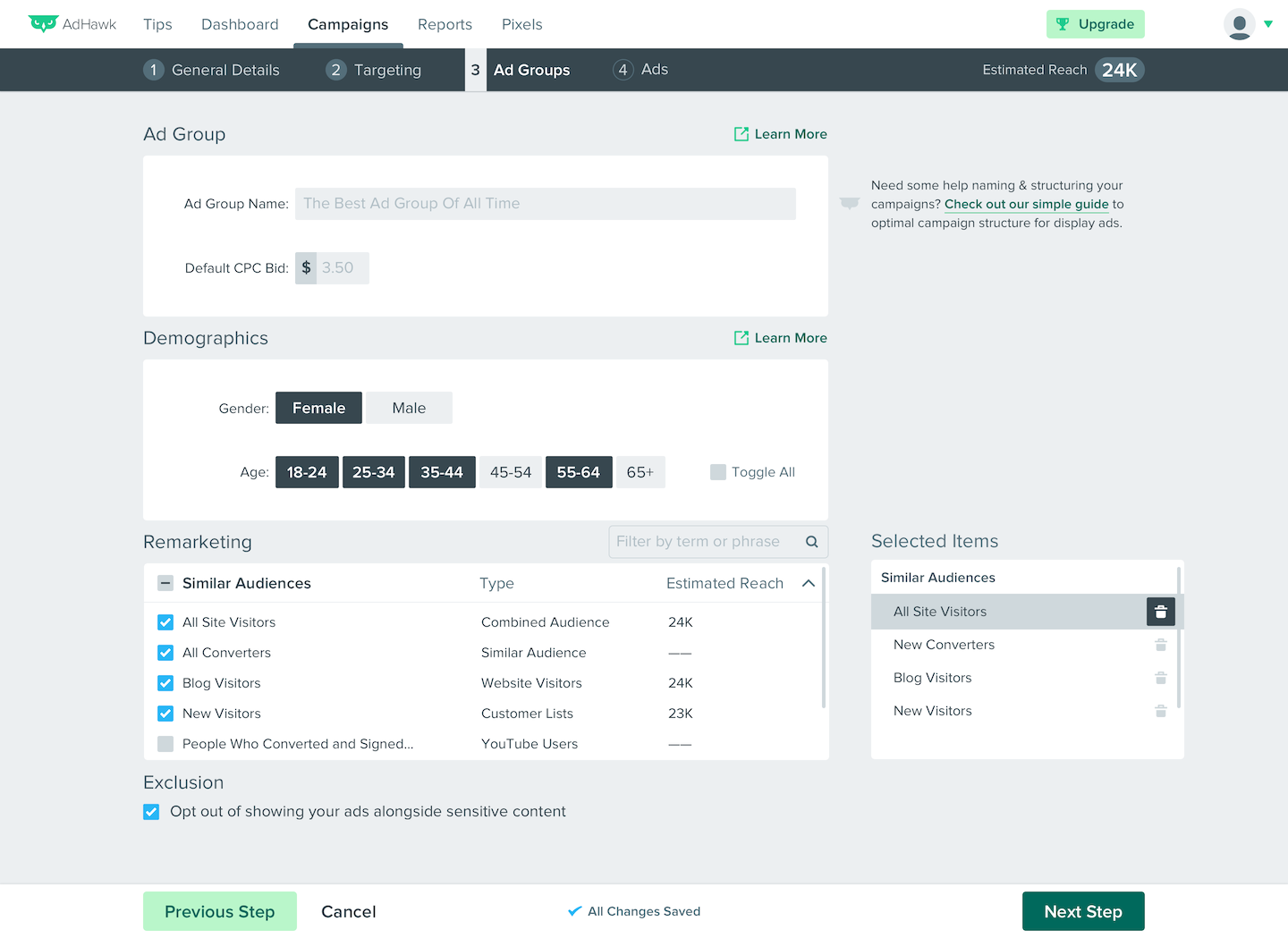 Campaign Creation - Ad Groups (Remarketing Selections)