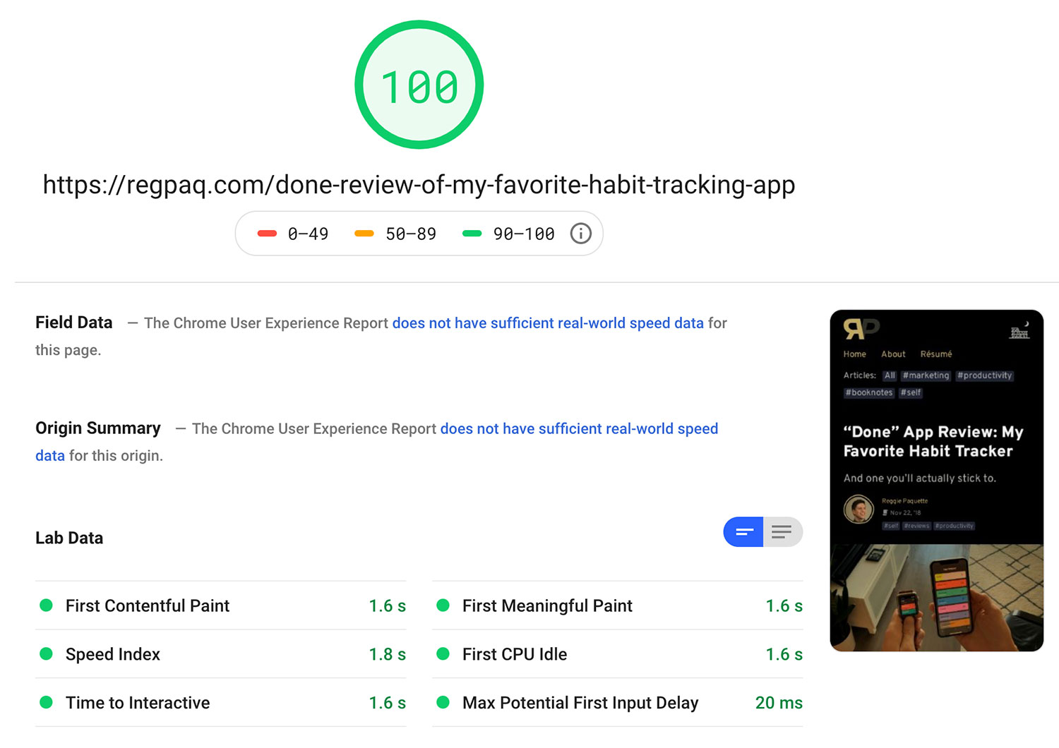 Static article page speed score from Google.