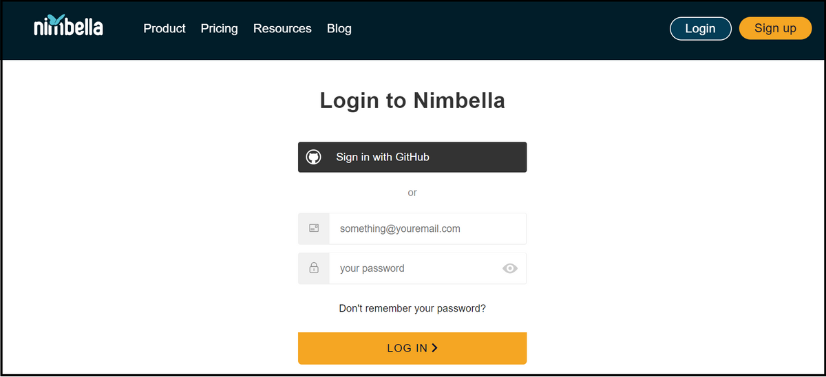 Nimbella login webpage