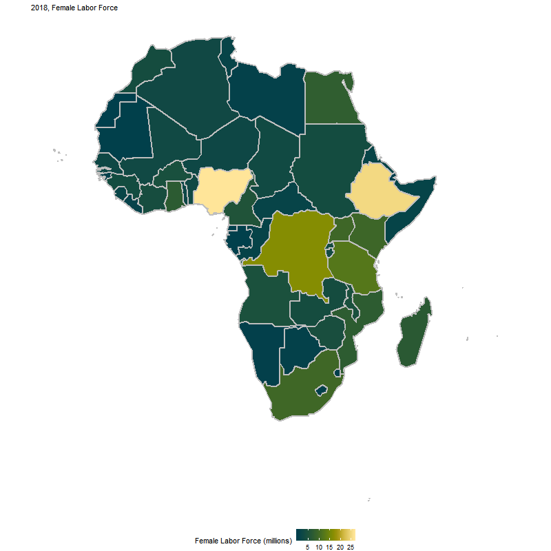 Actual and Counterfactual Number of Women in African Labor Markets, 2018