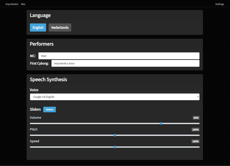 Settings screen for changing the language, Alex' voice and variables in the script. Settings screen for changing the language, Alex' voice and variables in the script.