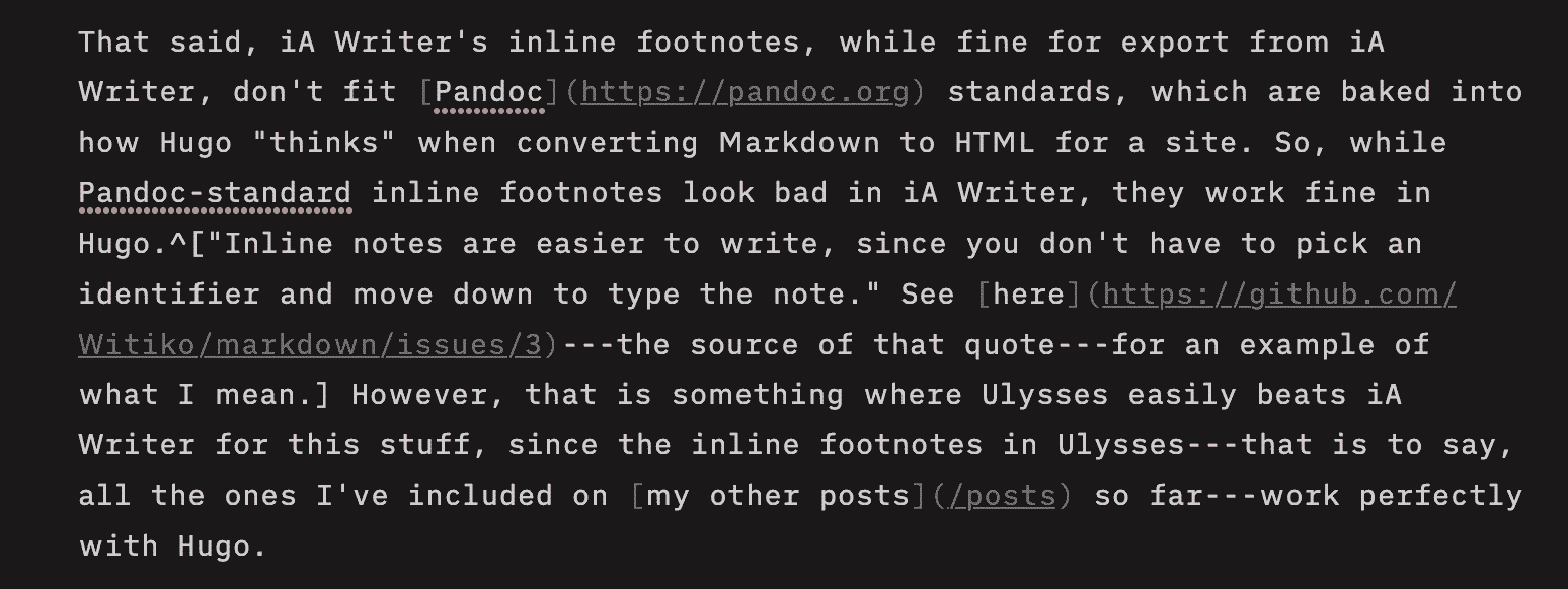 Screen capture from iA Writer software showing how footnotes look in it