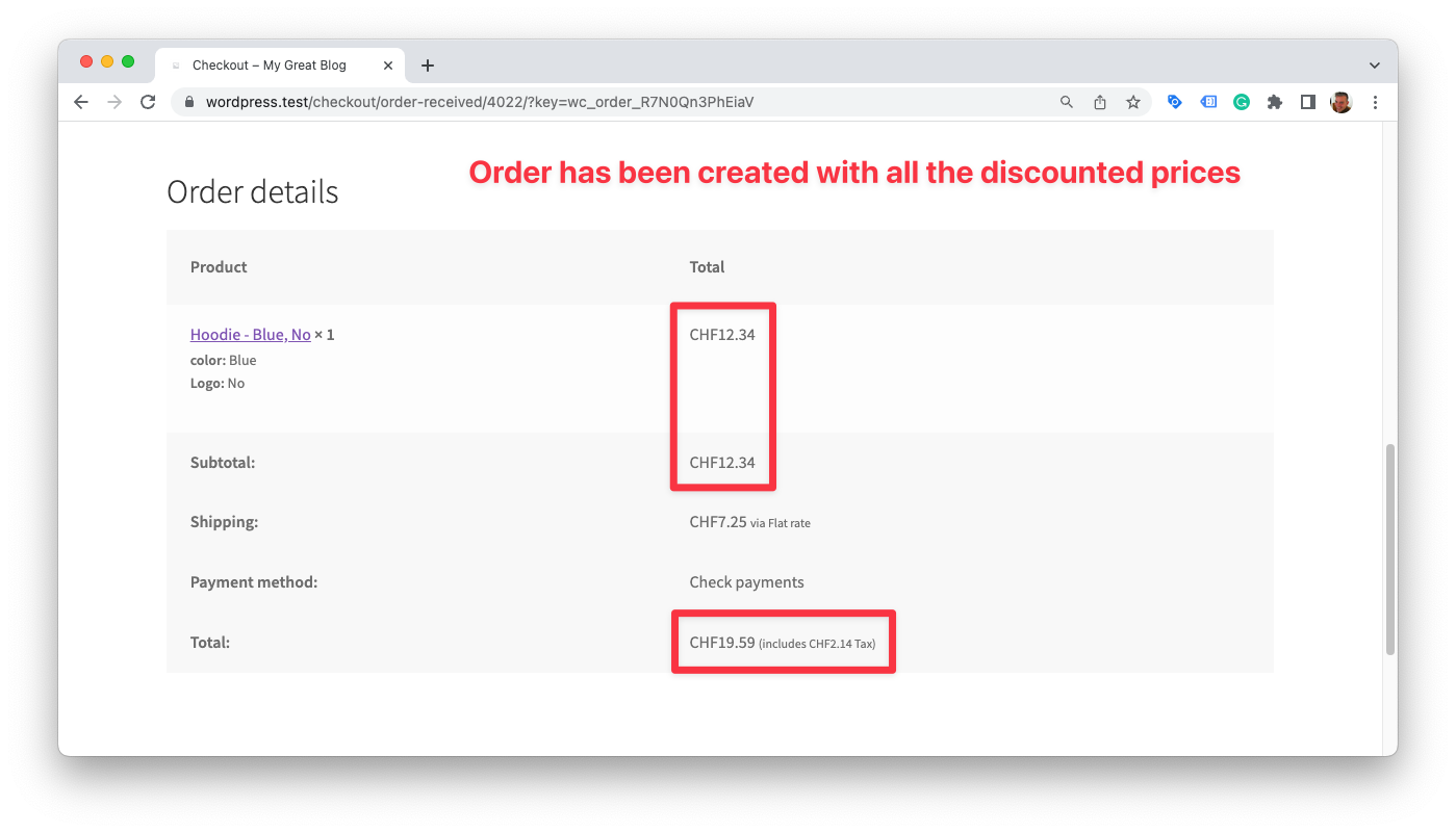 Variable product on purchase confirmation page with discounted price