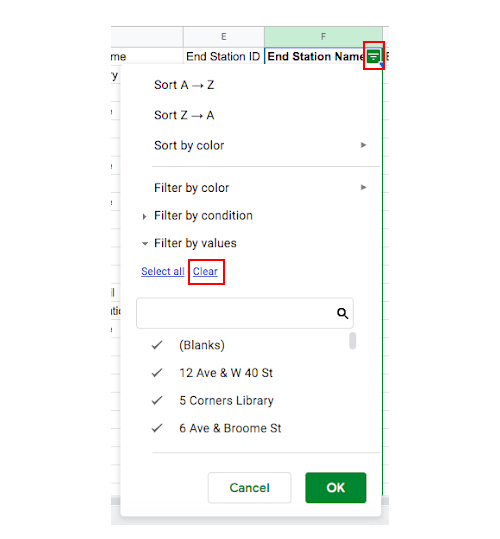 The pop-up window that appears in Google Sheets to define criteria for a filter.