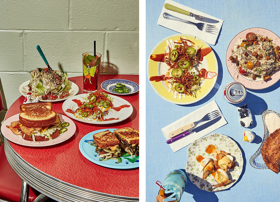 brightly colored image of multiple plates of food sitting on a table