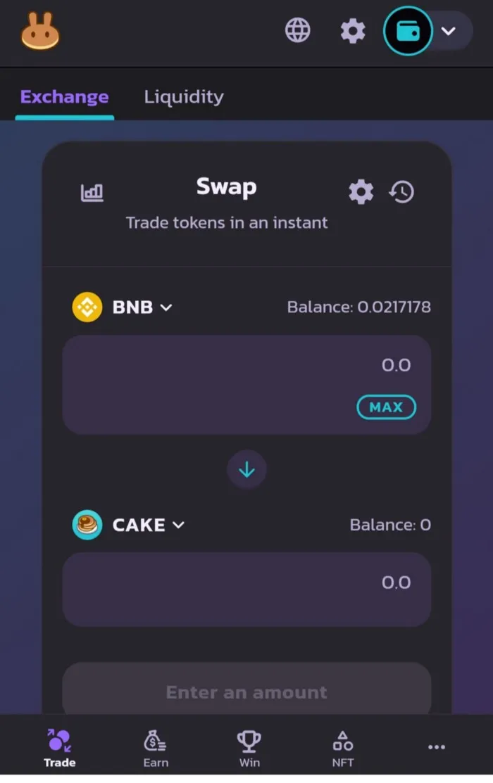 PancakeSwap — Exchange menu where you can select pairs to trade