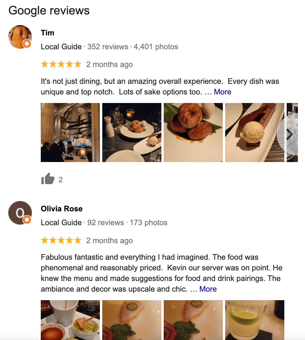 2 five star google reviews praising a restaurant on its food, staff, and pricing.