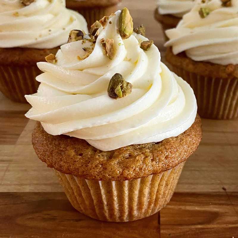 Carrot and pistachio cupcakes with cream cheese frosting. Recipe adapted from Sally’s Baking Addiction.