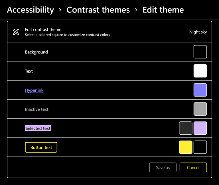 A Windows Contrast Theme showing swatches only for background, text, hyperlink, inactive text, selected text, buttons