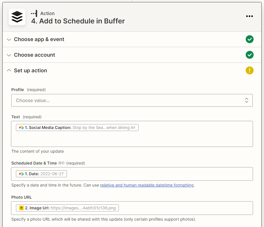 Screenshot of Zapier Buffer add to schedule action set up
