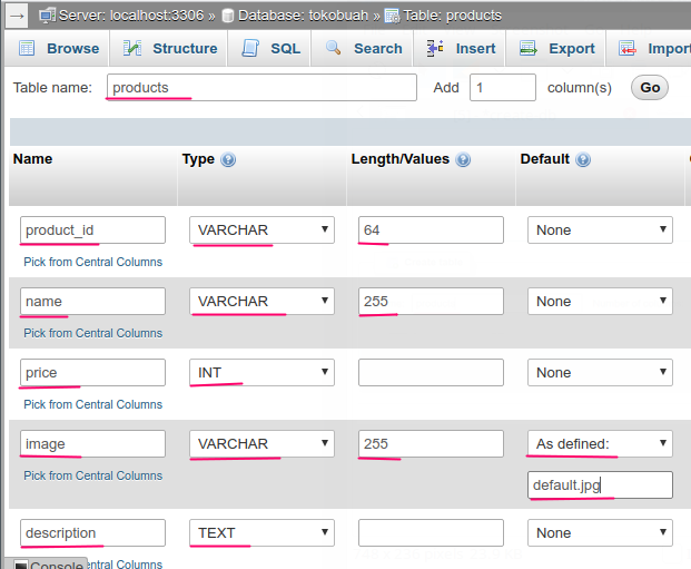 Create database tables and columns