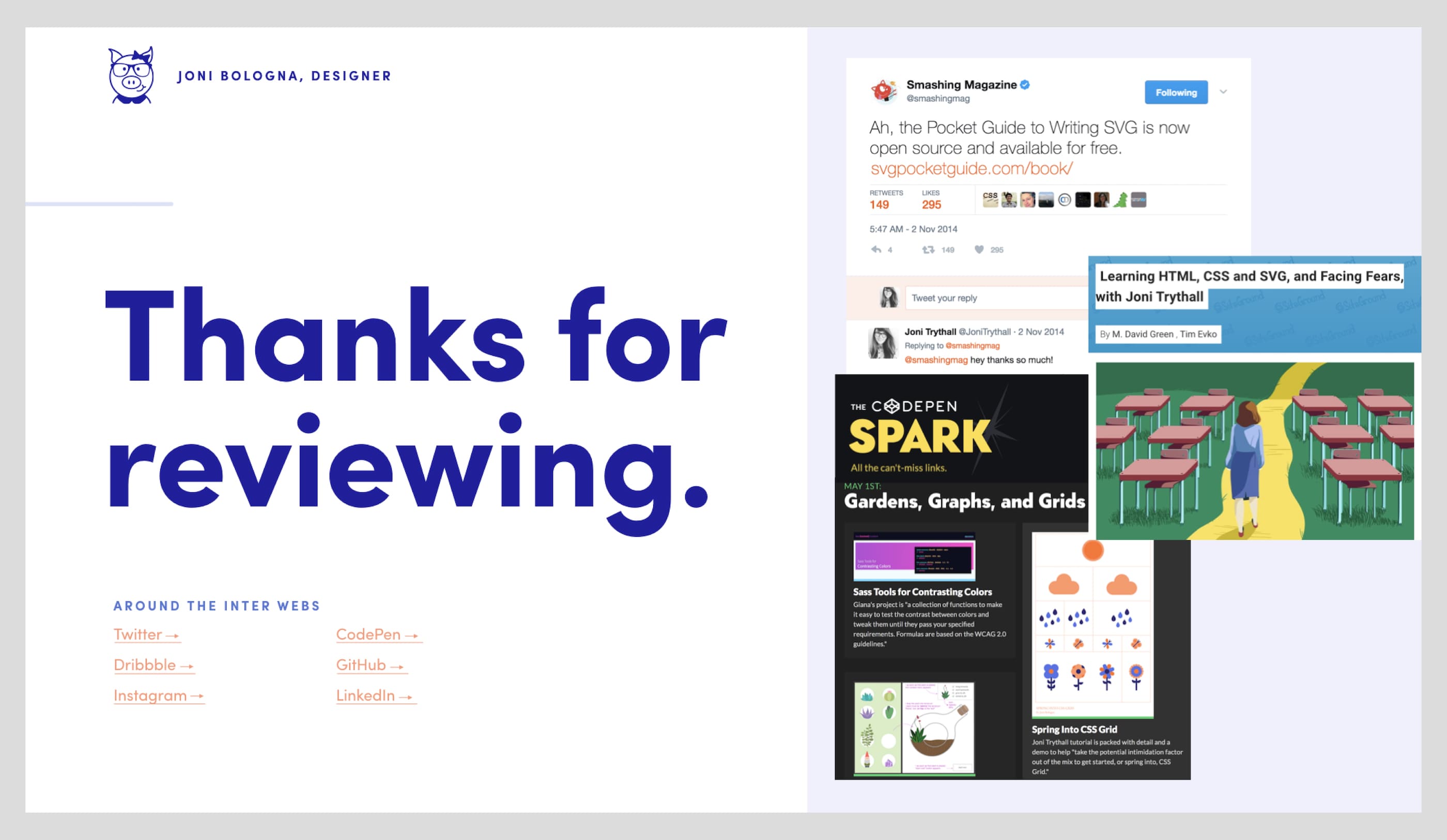 Example of a final "Thank you" proposal page with social media links and media mentions