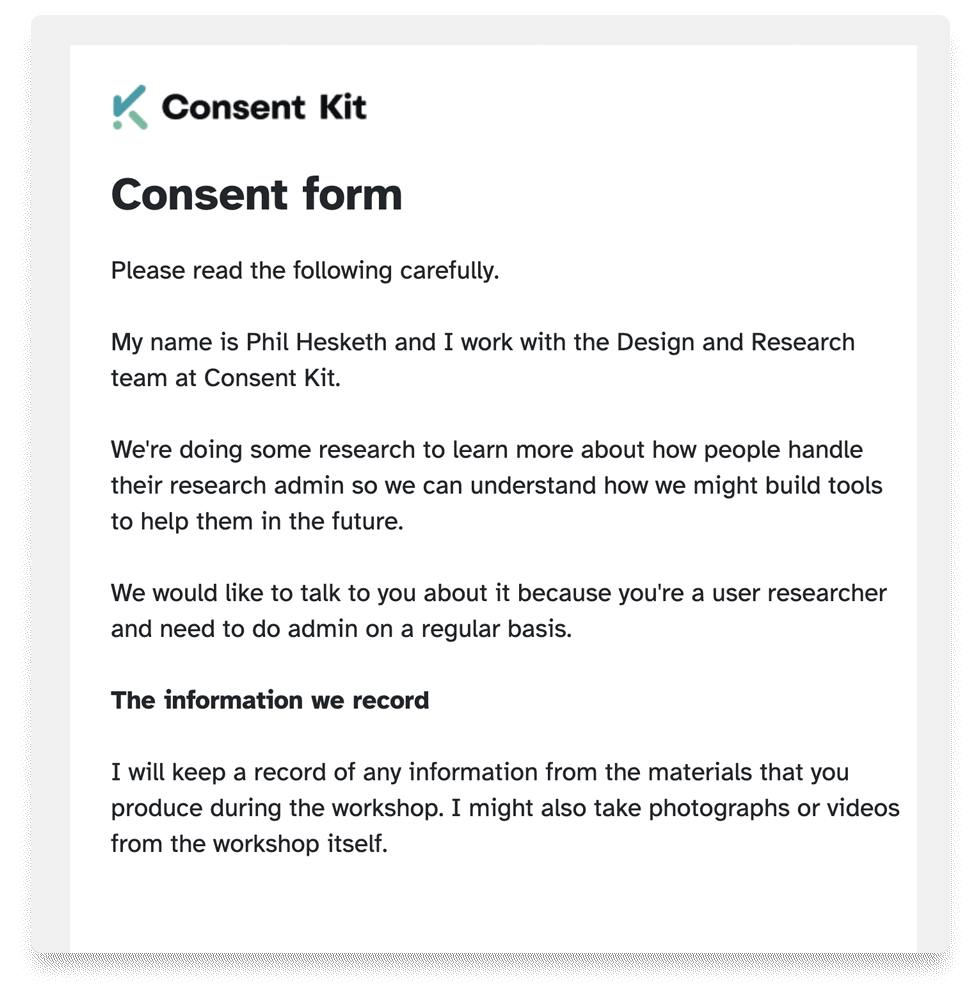 Screenshot of an example consent form
