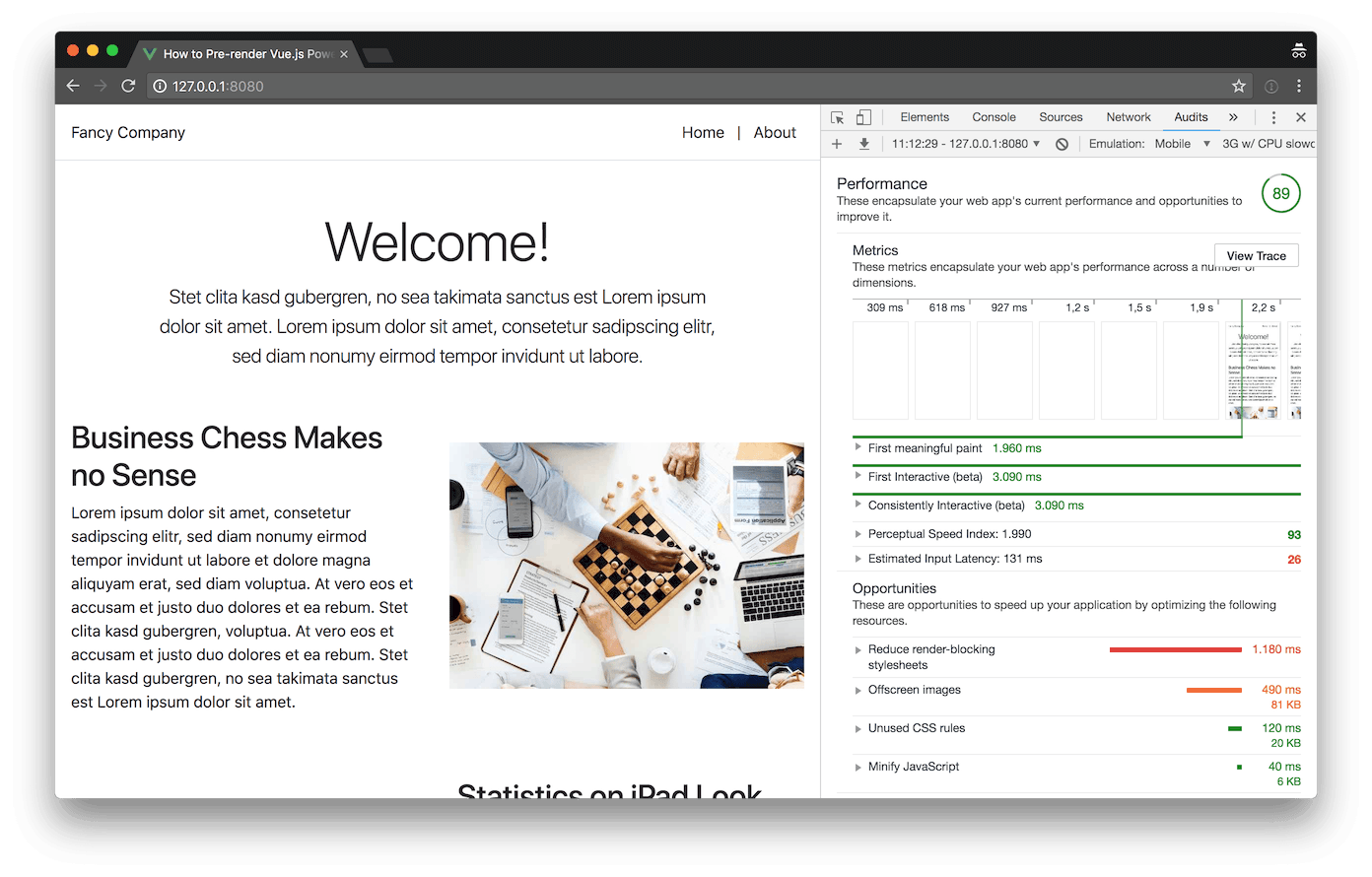 Screenshot of Lighthouse benchmark result of pre-rendered site.