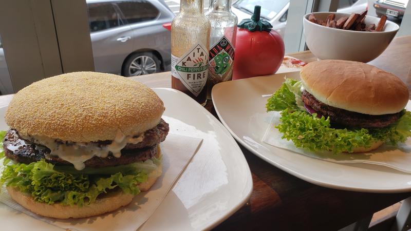 Beef / beetroot burger on the right
