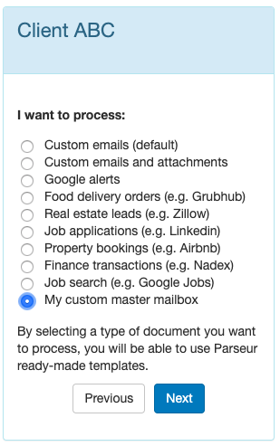 When creating a new mailbox, your master mailbox will be listed