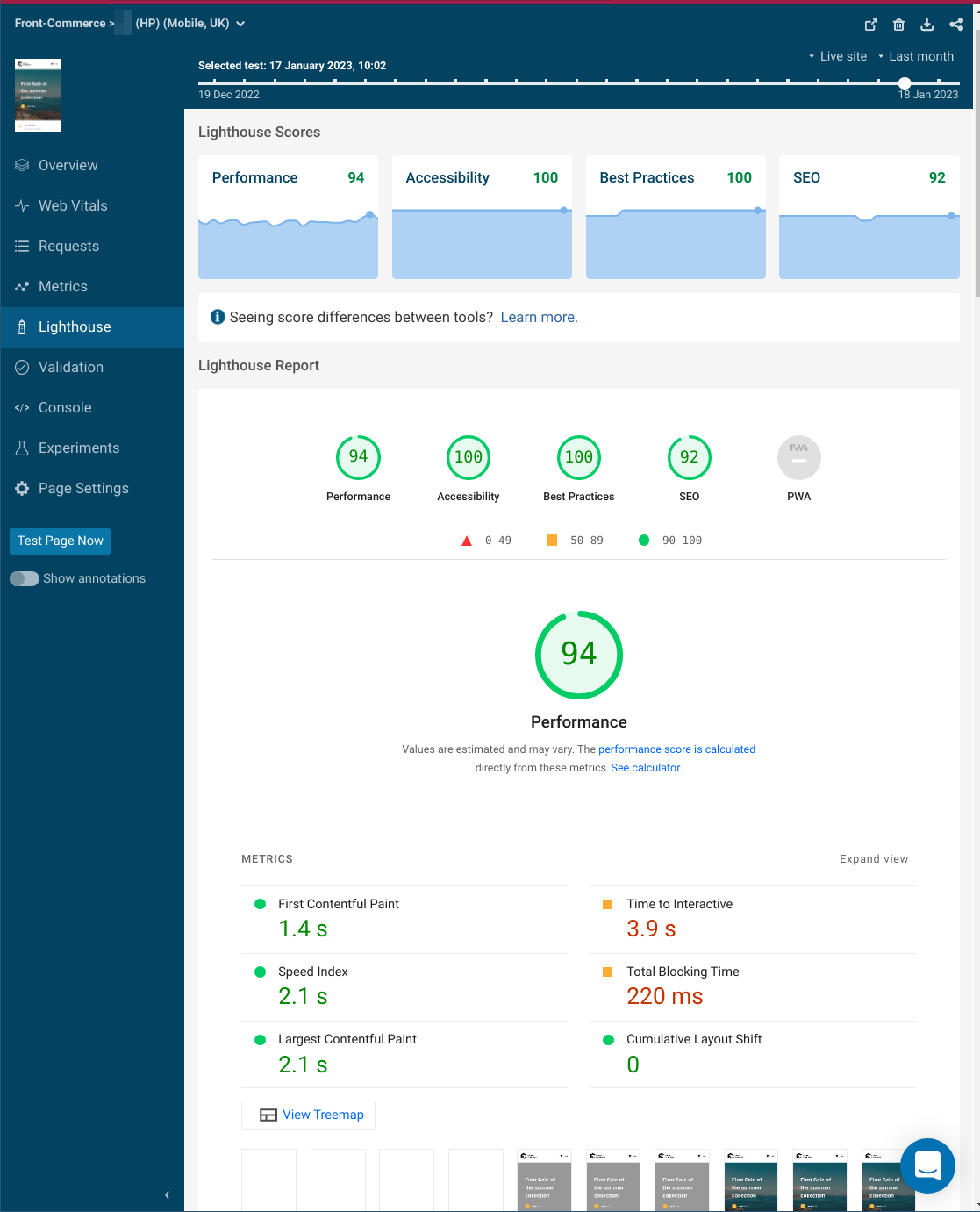 Screenshot of a DebugBear Lighthouse panel with performance score of 94 for a mobile run of a test on Front-Commerce demo homepage