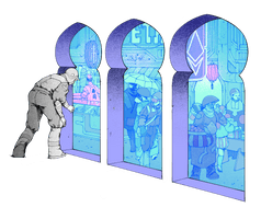 Illustration of a person peering into a bazaar, meant to represent Ethereum.