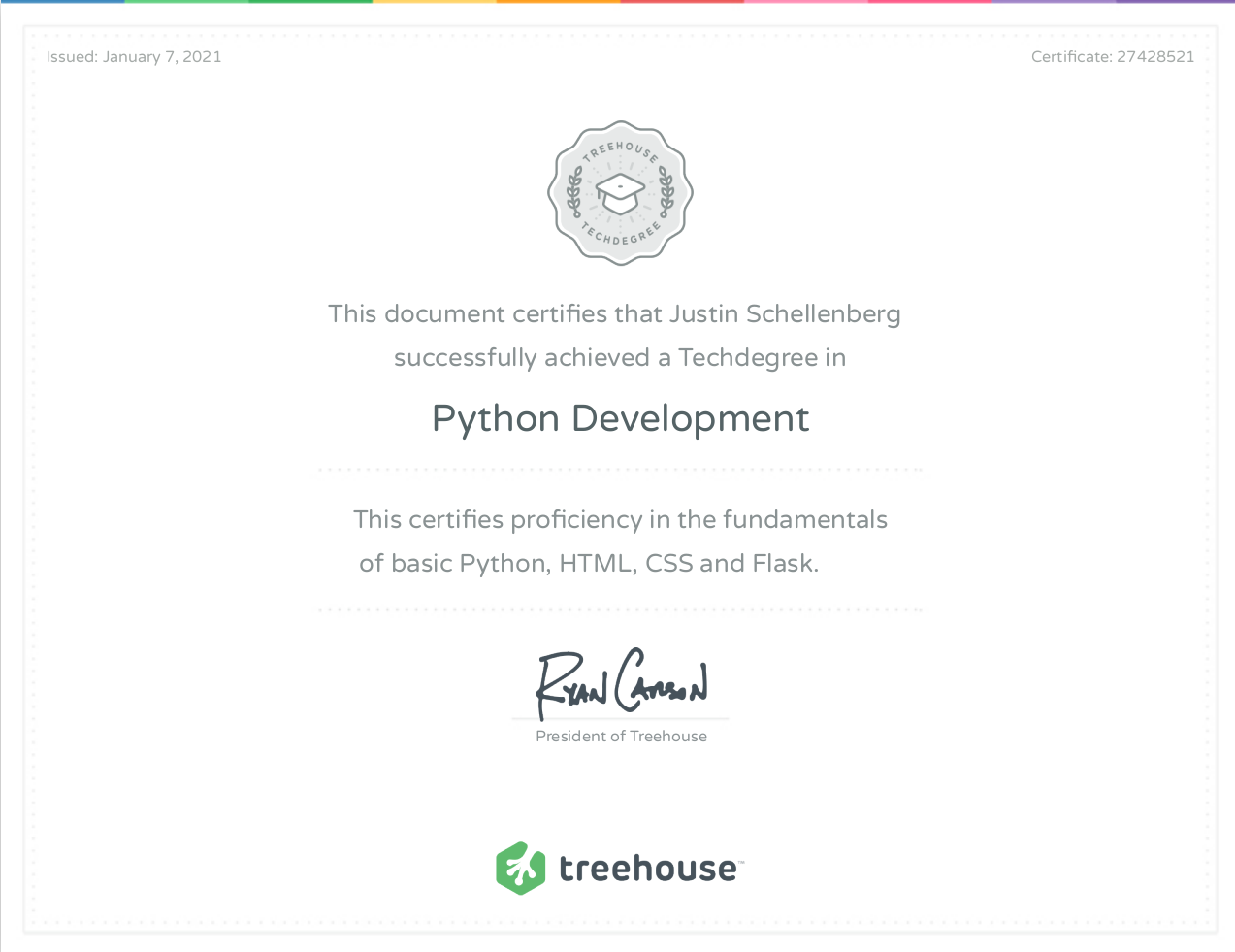 Python Developer Certification for Justin Schellenberg