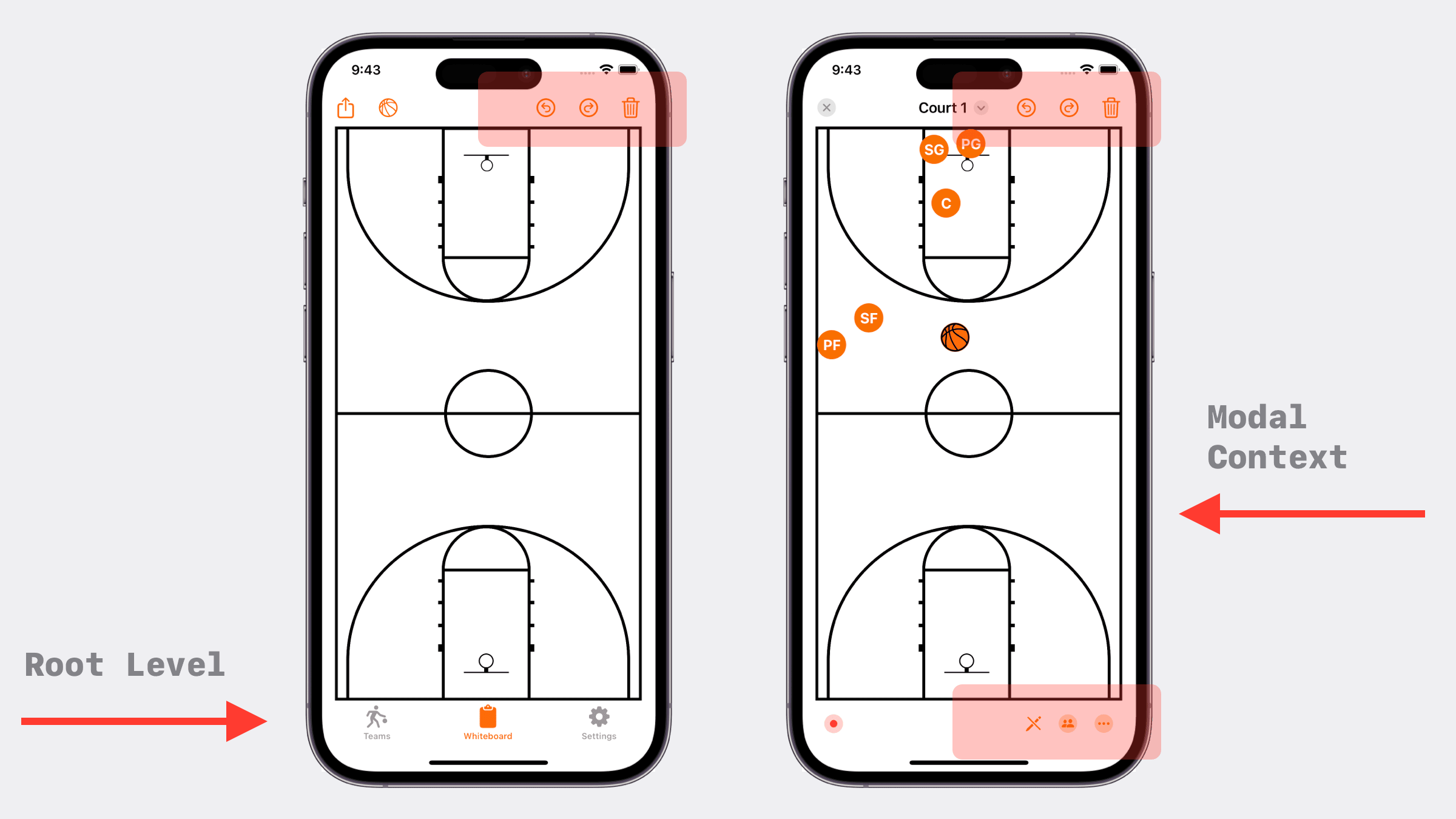 Two screenshots of an upcoming basketball whiteboard app, one is modal and one is a root level context.