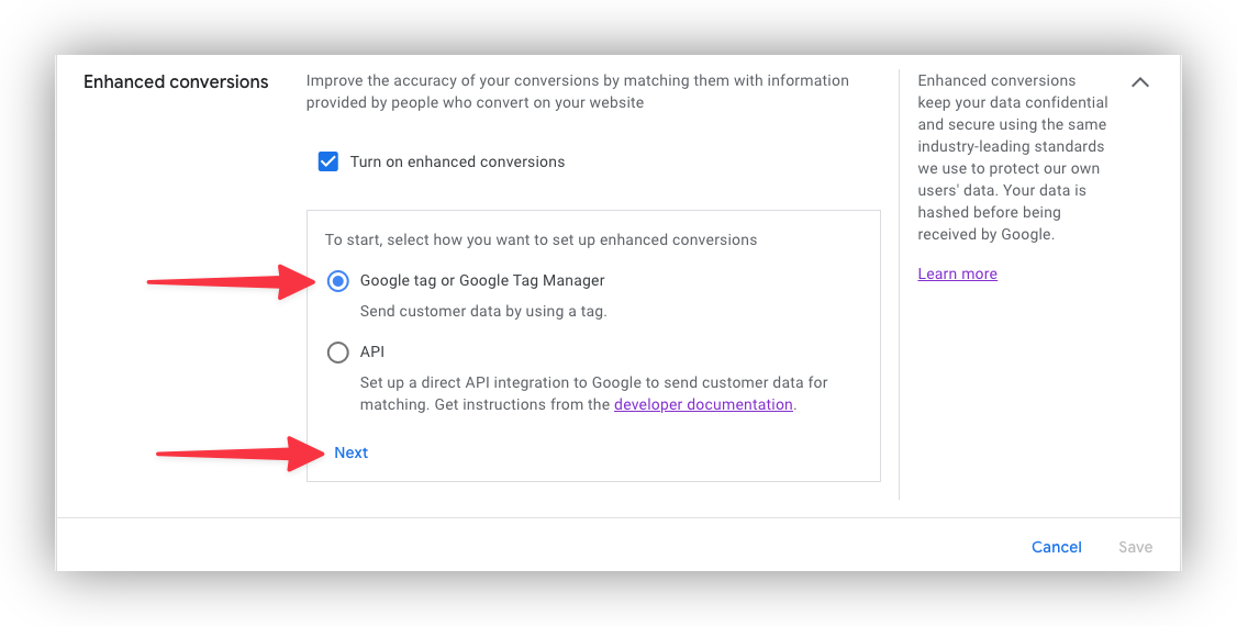 Choose Google Tag for Enhanced Conversions