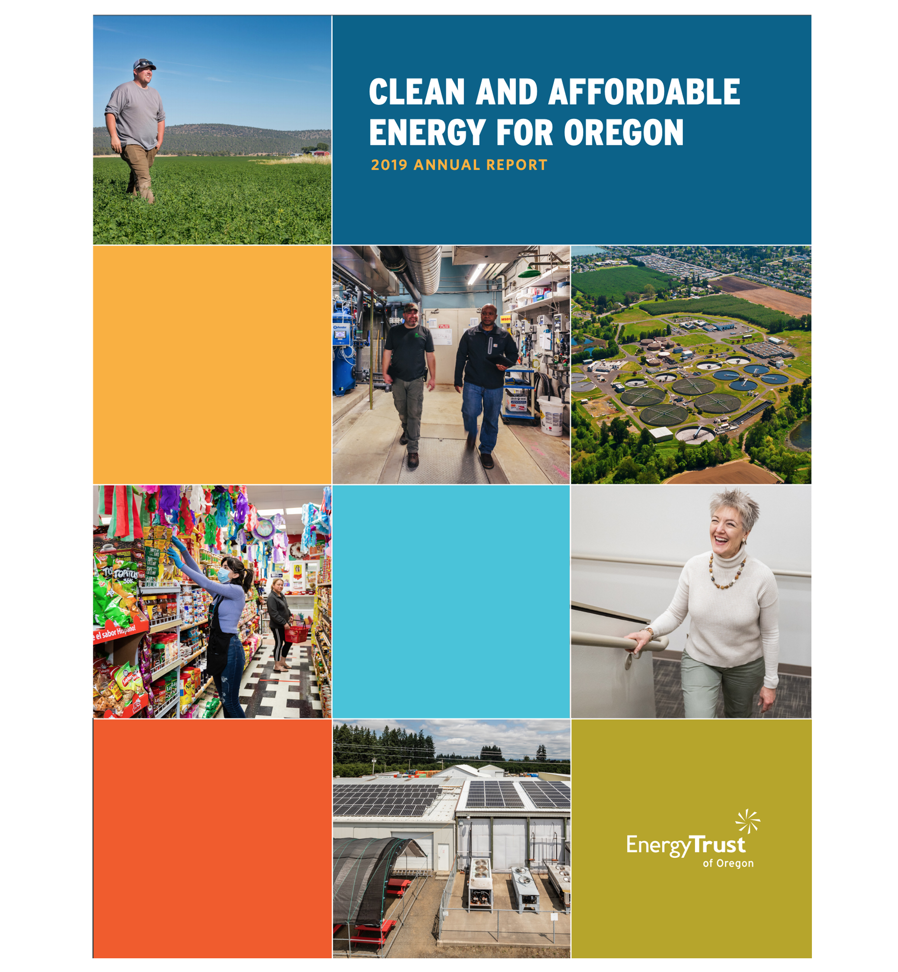 Screen shot of the annual report in print, grid of squares on a page with people's faces alternating with text calling out what energy trust does.