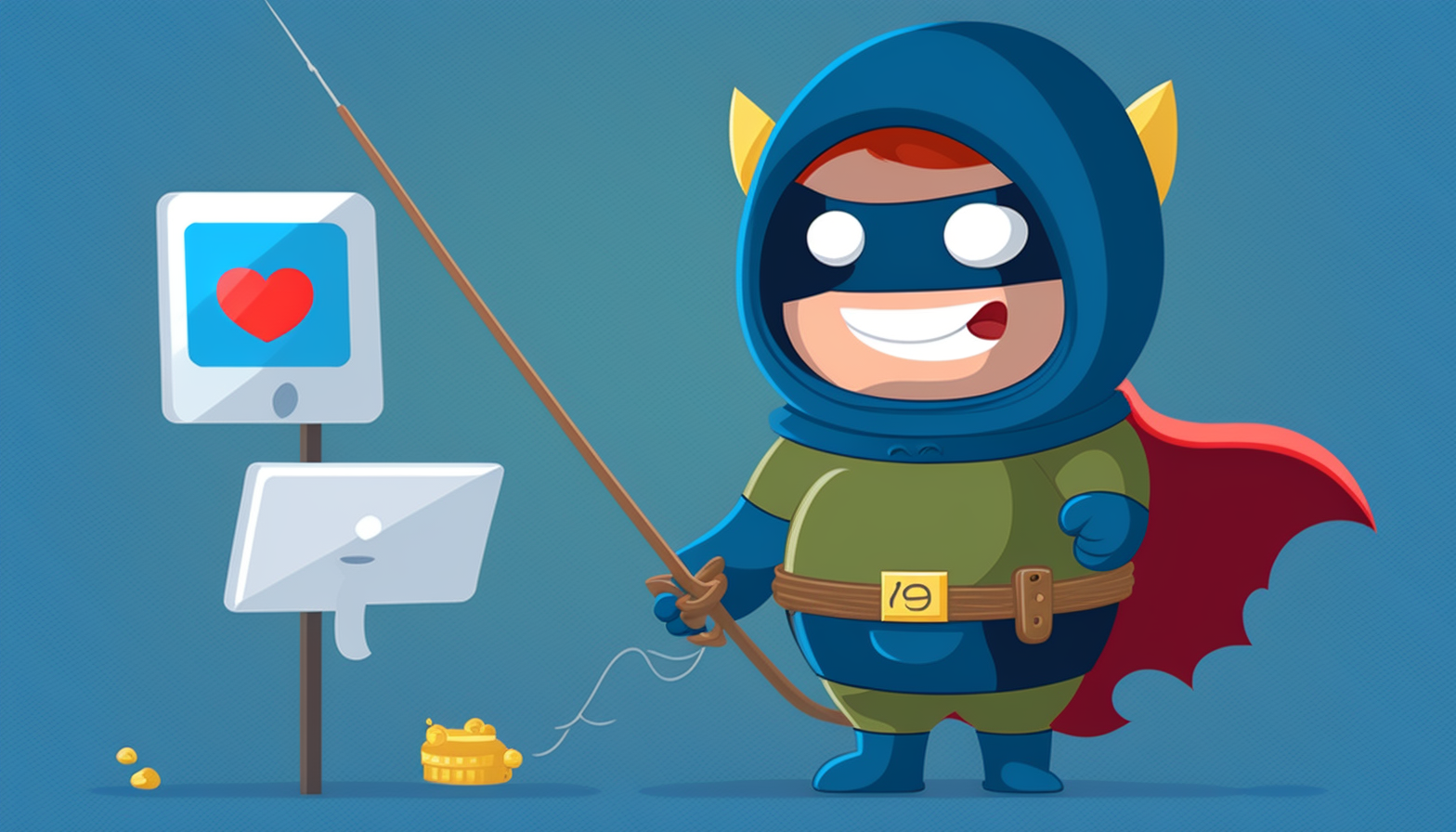 An image of a cartoon character with a superhero costume and a shield blocking a fishing rod with a phishing email on it.