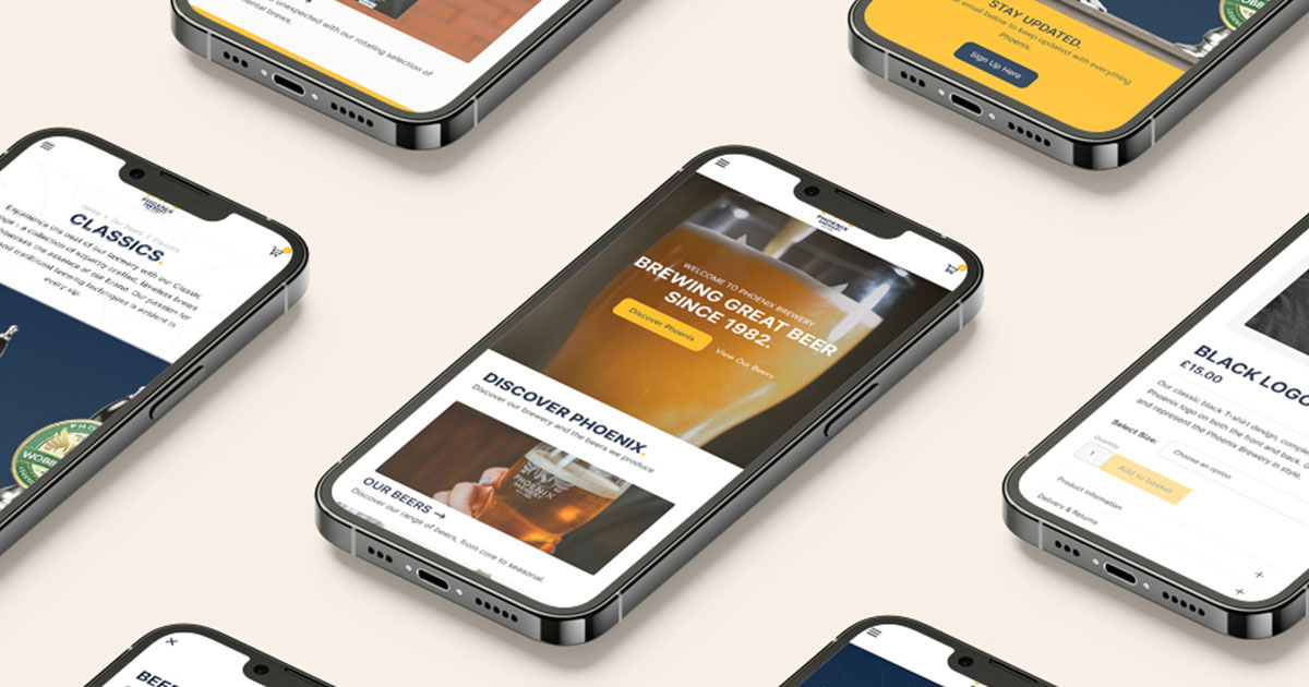 Multiple iPhones arranged to display visuals of the Phoenix Brewery website design, showcasing a mobile first design approach.