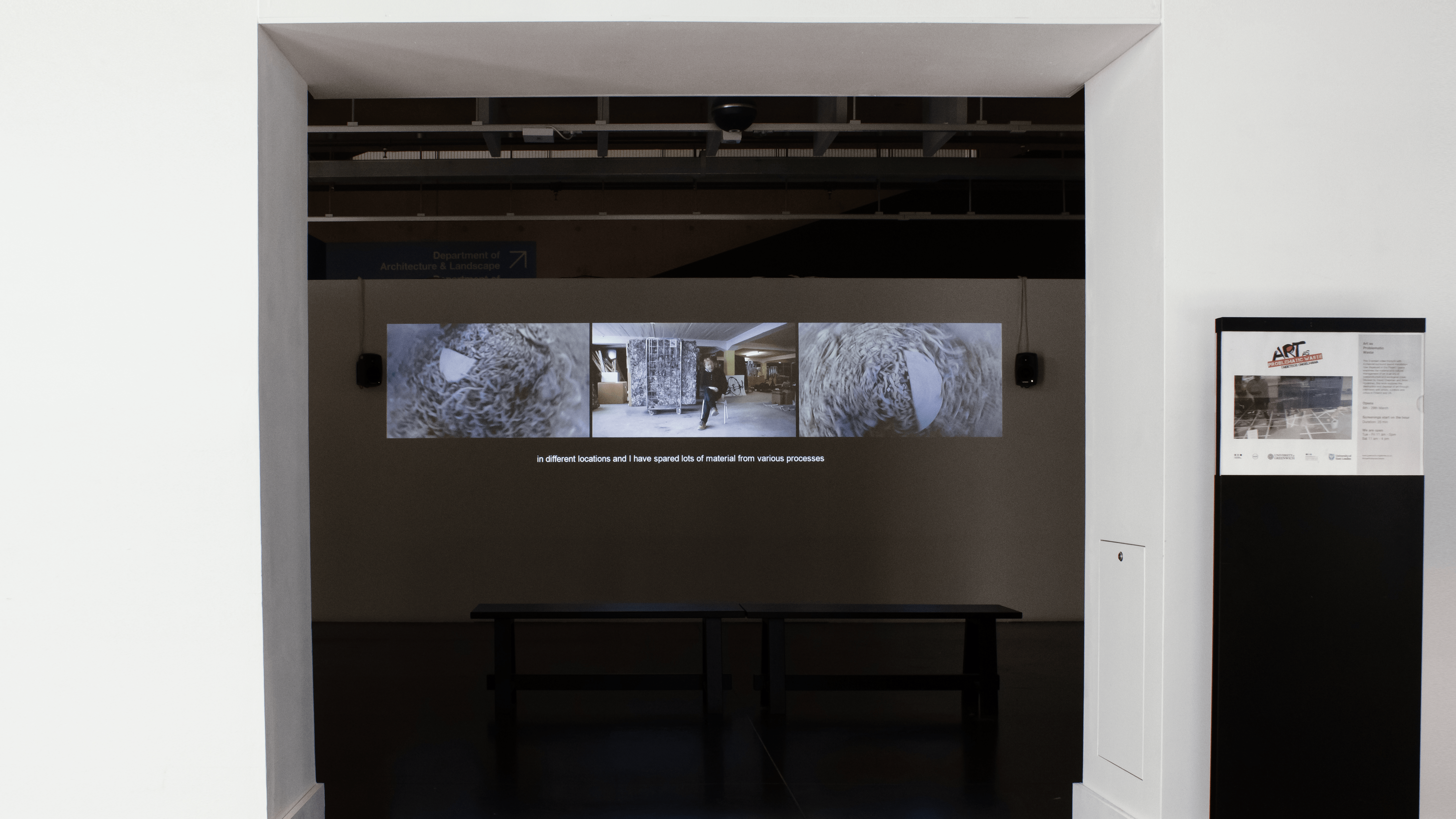 Installation shot of the Art as Problematic Waste Tryptych video by Aimo Hyvärinen and David Chapman,