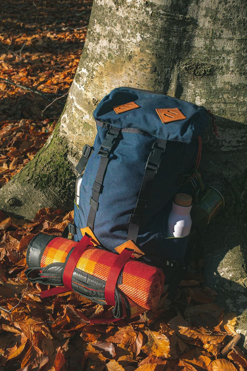 blue and beige camping backpack