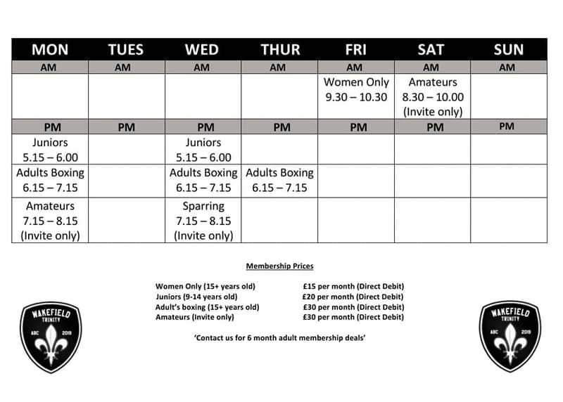 Wakefield Trinity ABC Timetable Boxing Club Wakefield