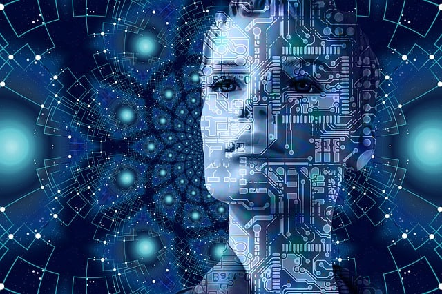Woman's face overlapped by transparent circuitry