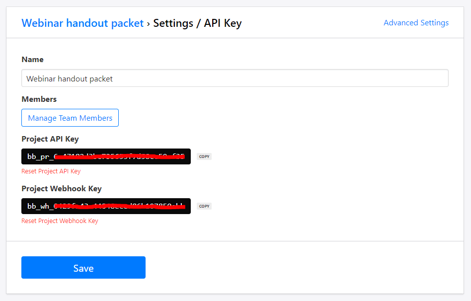 Screenshot of where to find a Bannerbear Project API Key