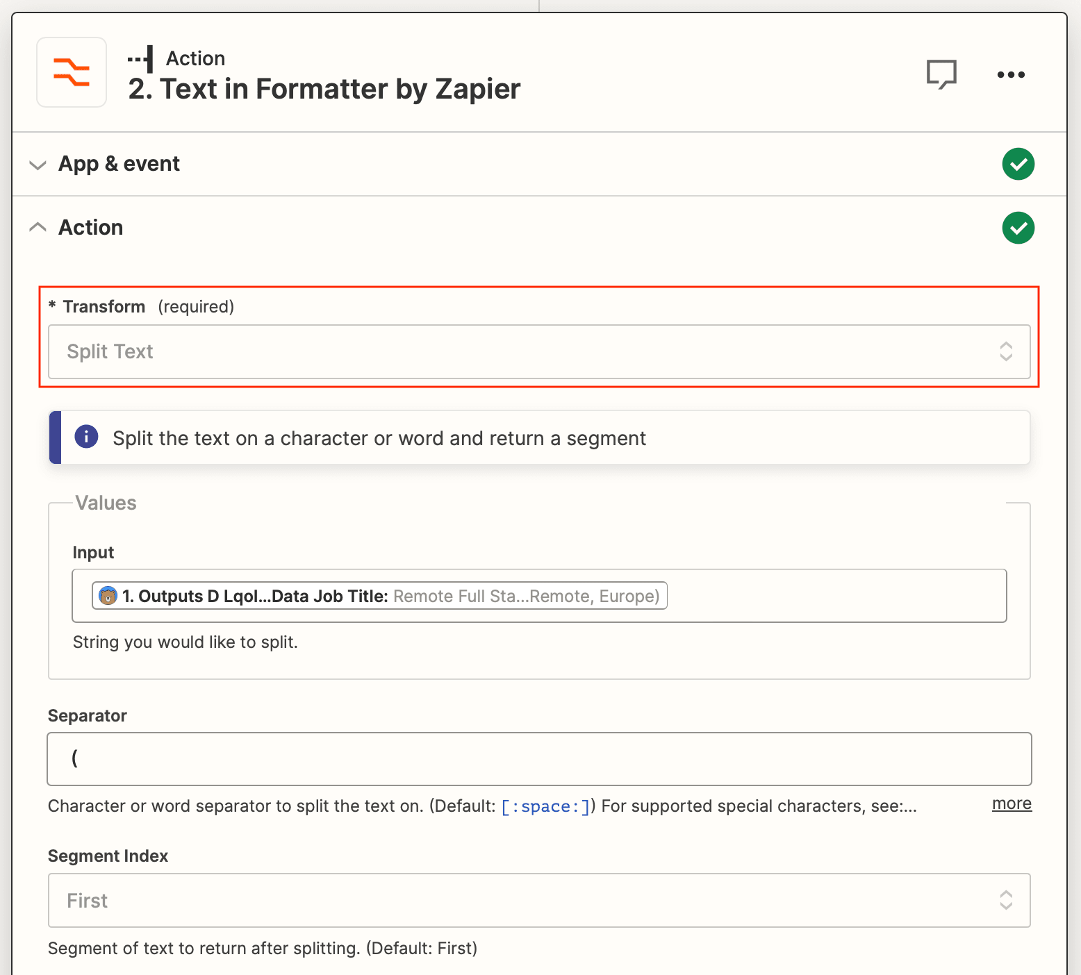 Screenshot of Zapier Text in Formatter action split text transform