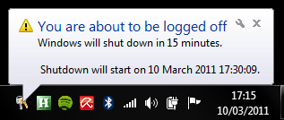 An information bubble on windows 7 showing the computer is about to shutdown