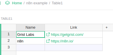 The example table after updating a record with the Grist node