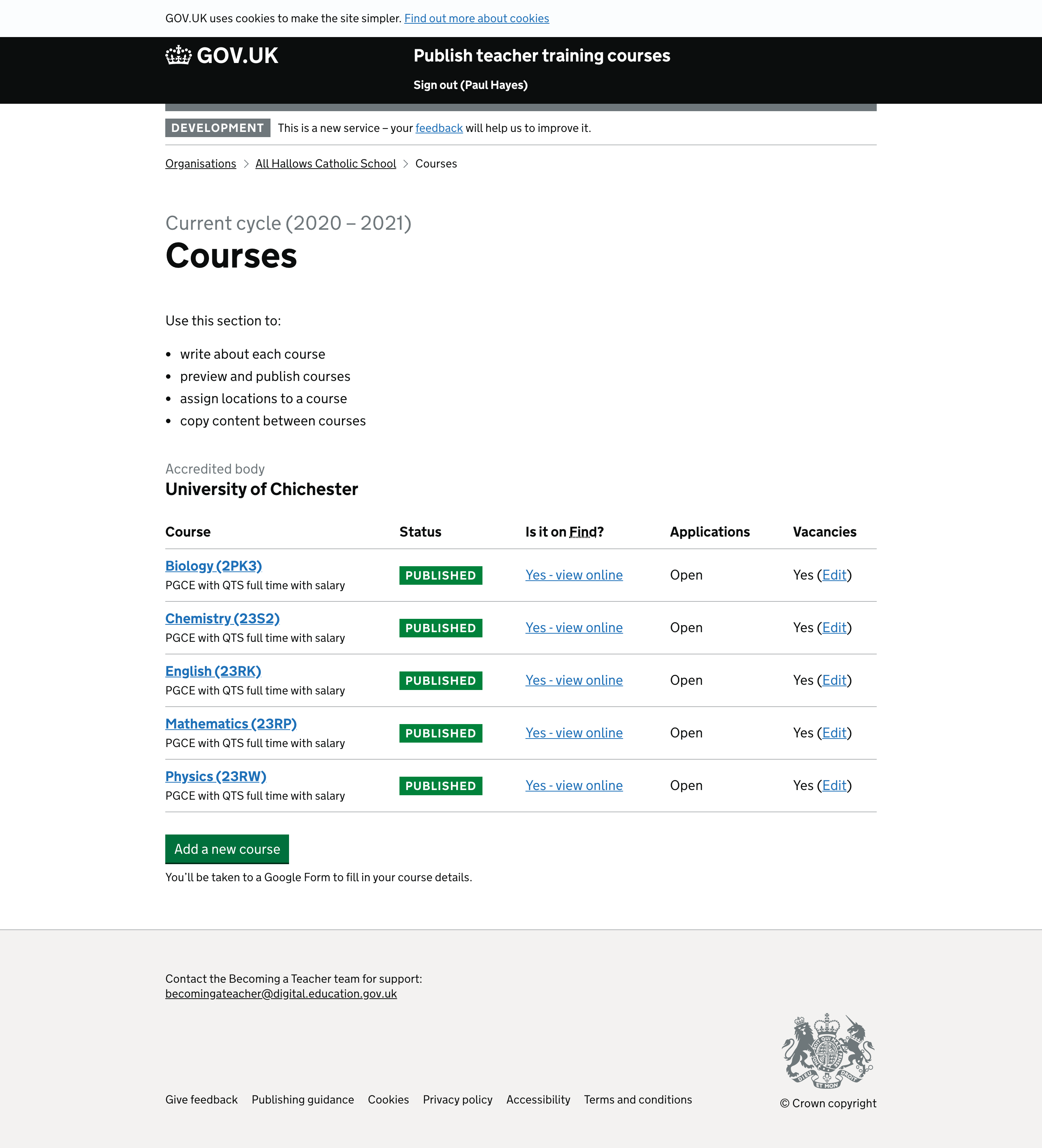 Screenshot of Courses once cycle has opened