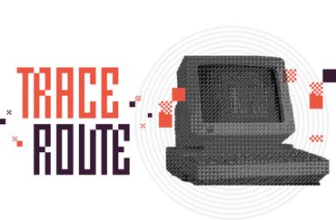 Stylized graphic of a retro computer in black and white, next to the traceroute logo