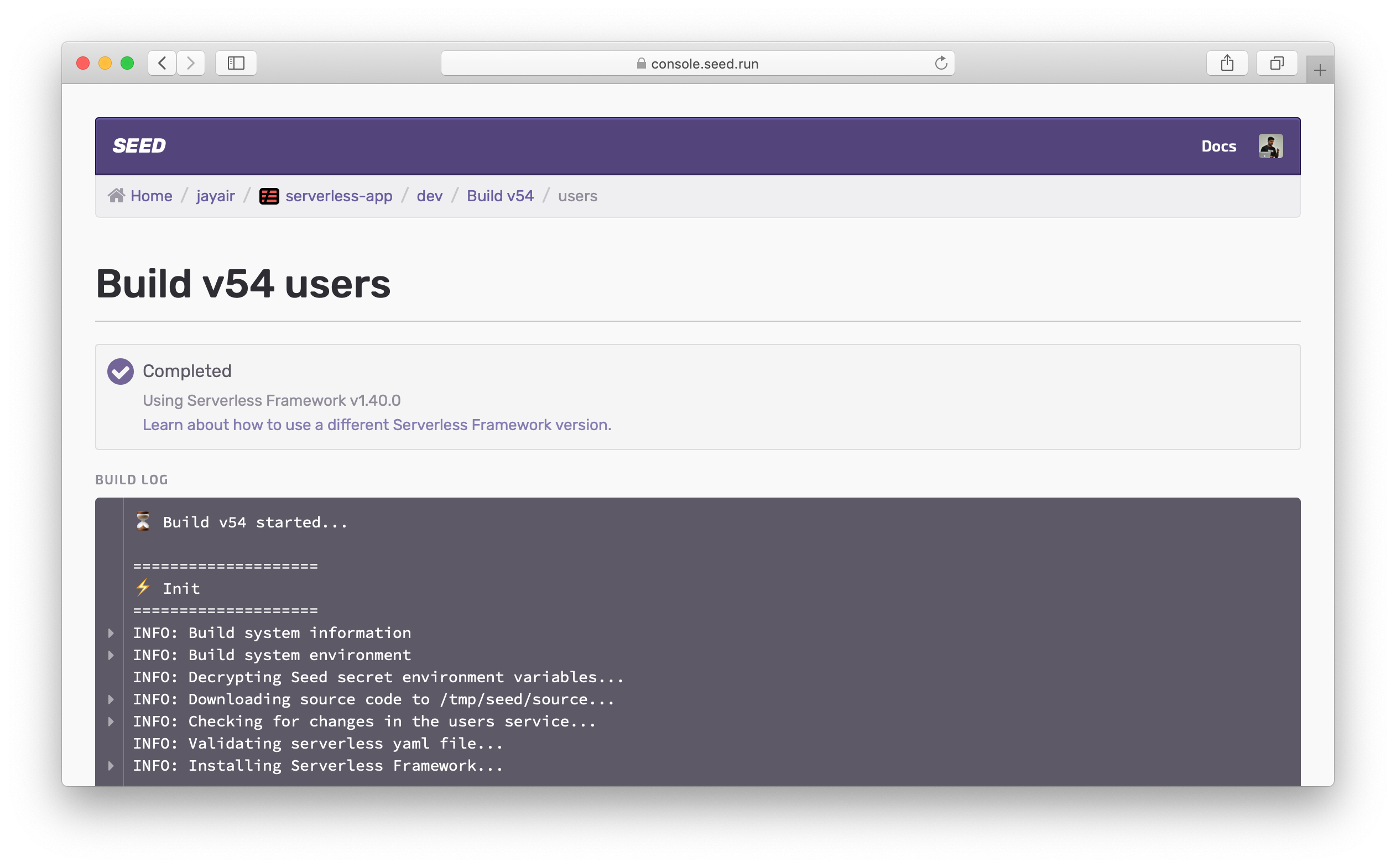 Serverless Framework version in build log