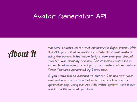 Avatar Generator API's preview. Designed and Developed by Levyian.