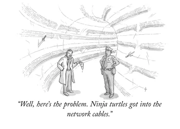 A cartoon-style illustration. A police officer and an investigator are speaking in a tunnel. The investigator is holding a slice of pizza. The caption reads: Well, heres the problem. Ninja turtles got into the network cables.