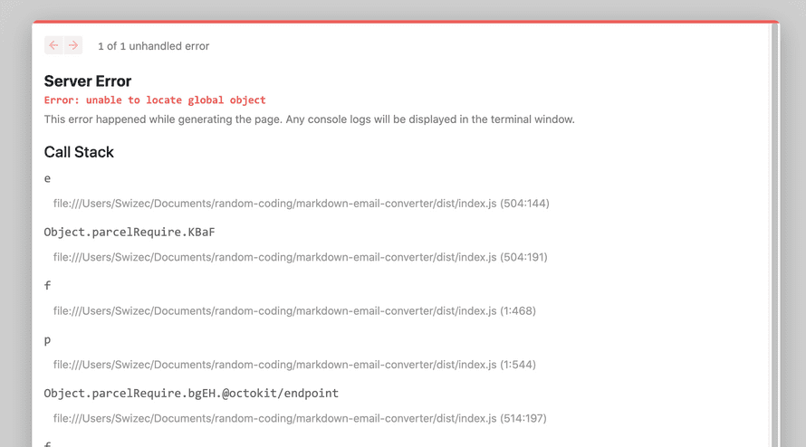 An error message in NextJS