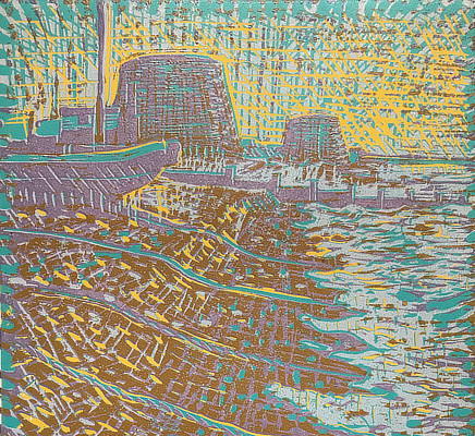 linocut of Martello Towers adjacent to beach with small fishing boat