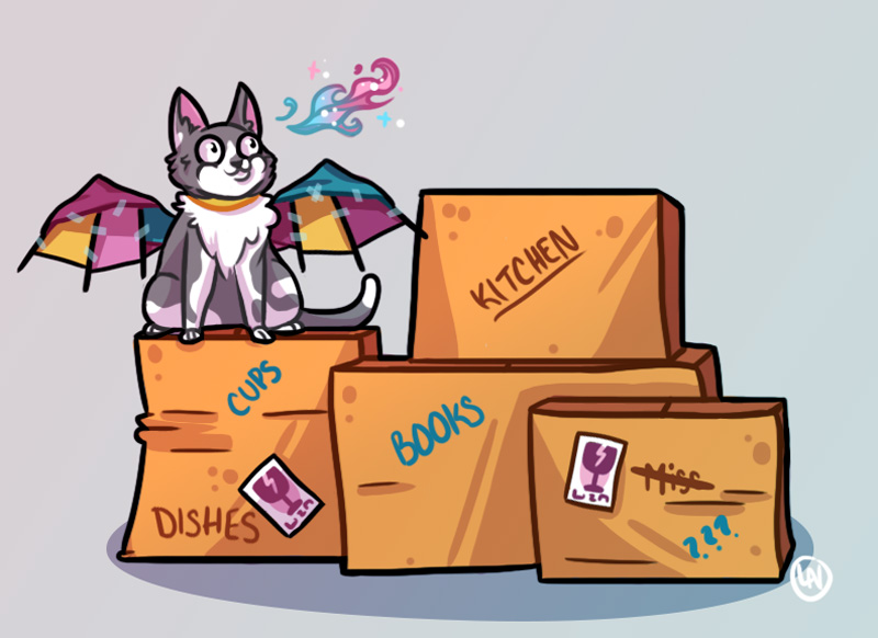 An-illustration-of-CasualPancake's-cat-Pan-on-moving-boxes