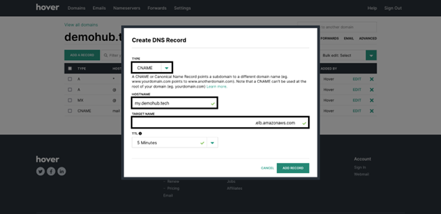 Screenshot of Hover Create DNS Record menu