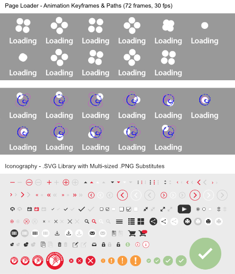 Shown are 11 keyframes of an animated loading icon and a collection of 144 icons.
