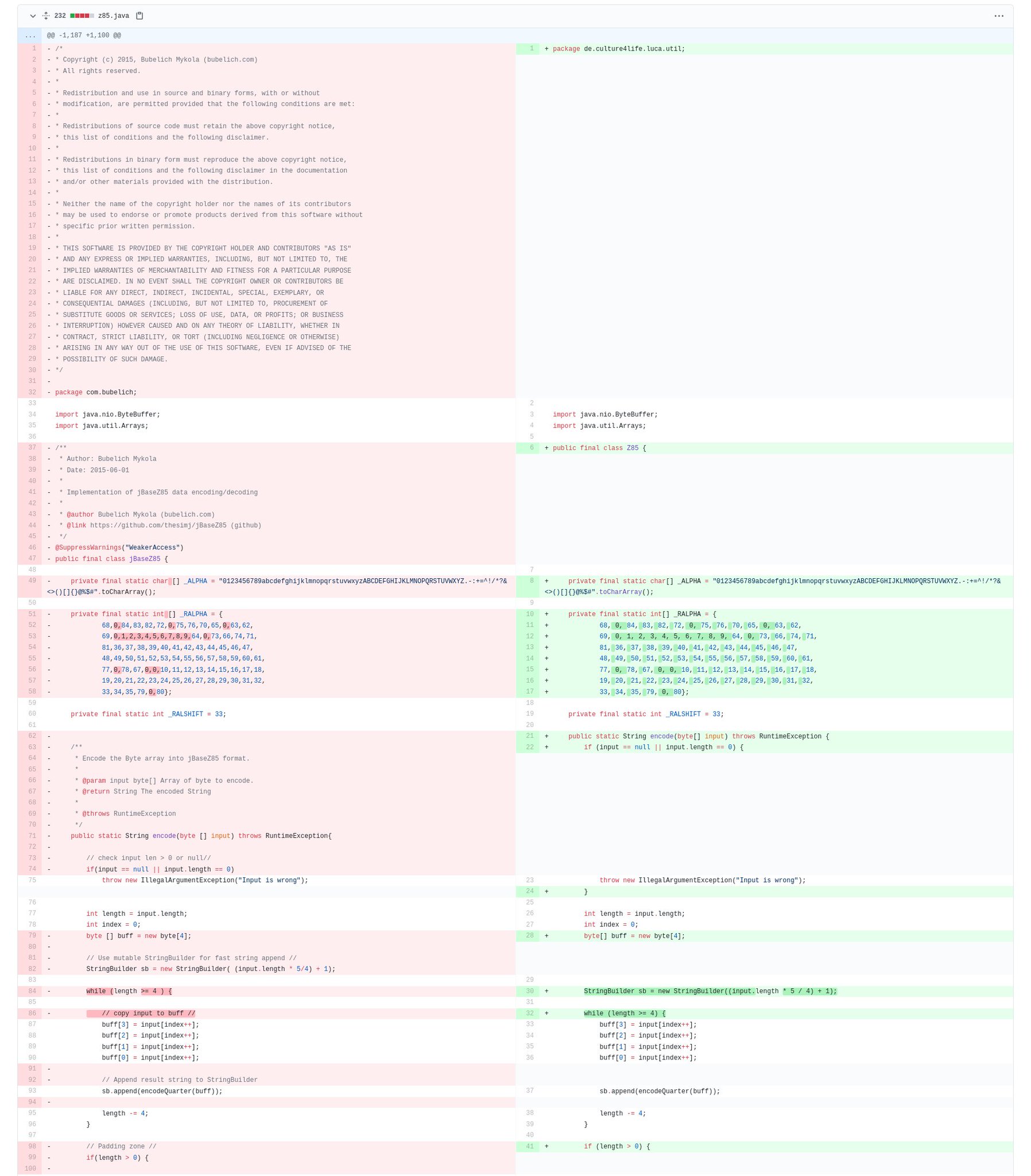 Side-by-side Diff des Original-Codes und des Luca-Codes